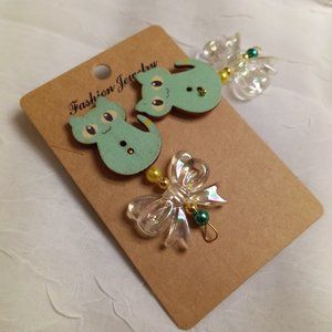 Home Made Handmade Wood & Metal Cat Green Button Earrings #45